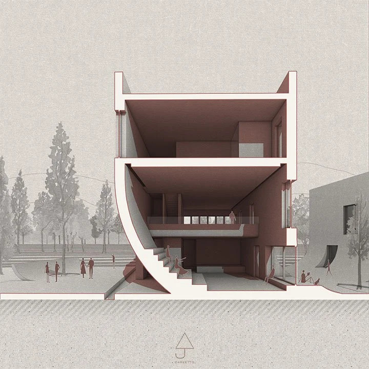Sección arquitectónica en tonos terracota