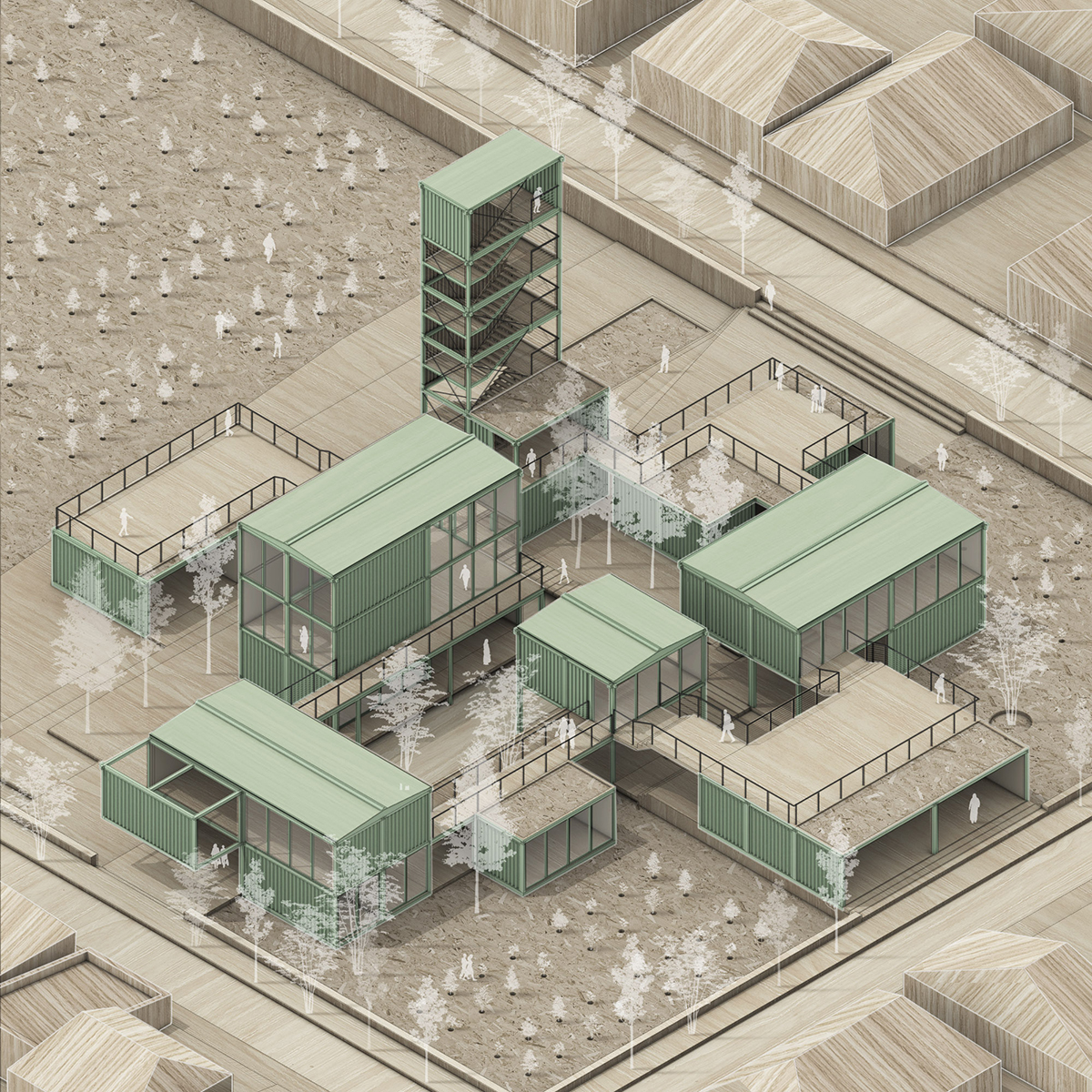 Maqueta digital de módulos verdes sobre base de madera