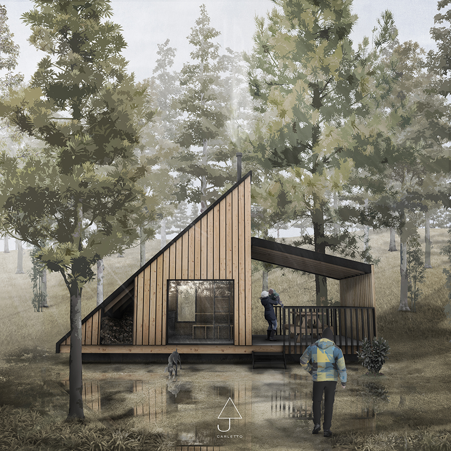 Visualización exterior de cabaña de madera en el bosque